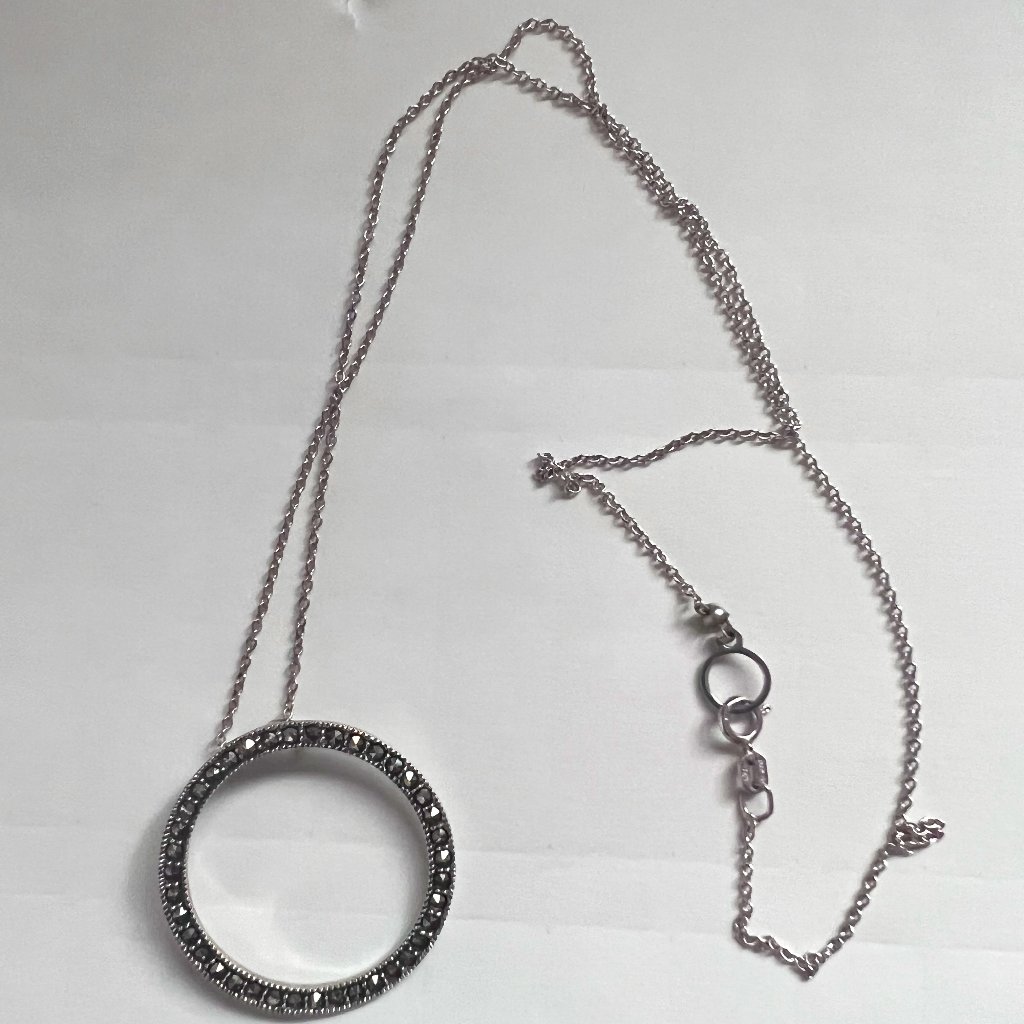 925 Sterling Marsala Marcasite Round Pendant Necklace